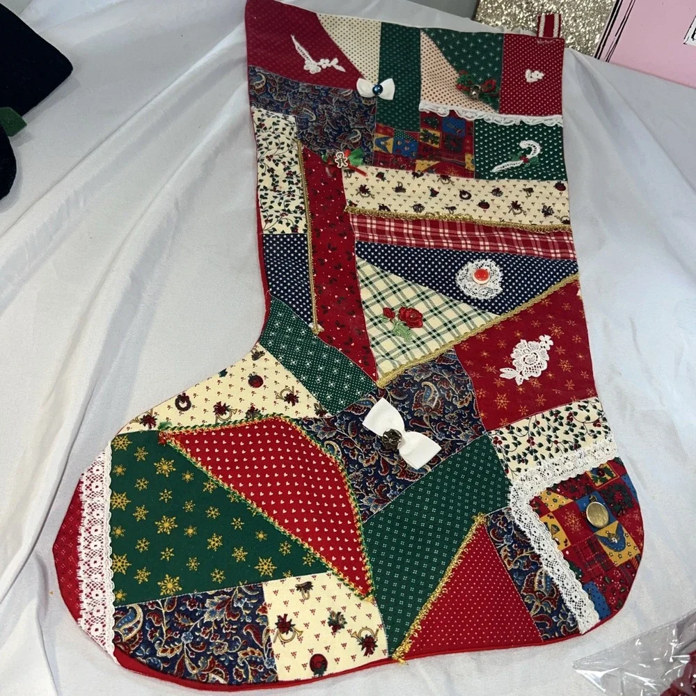 Xl Vintage Patchwork Christmas Stocking 27Inches Long 12 Inches Wide Handmade‎